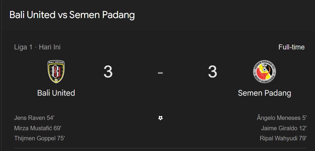 Semen Padang Tahan Imbang Bali United di Gianyar dengan 6 Gol